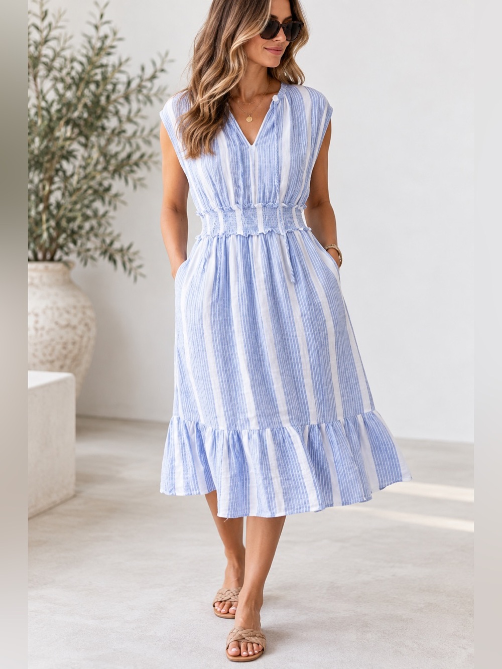 Rails Ashlyn Blue White Stripe Linen Blend Smocked Midi Dress XS